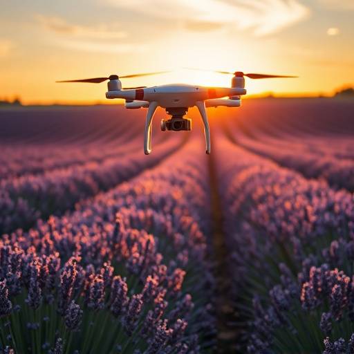 Un drone survolant un champ de lavande en Provence pendant un tournage