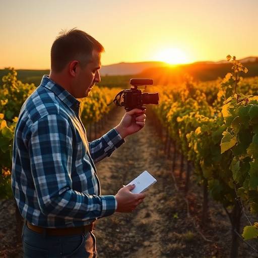 Un producteur expliquant le placement de la caméra dans un vignoble à Bordeaux.